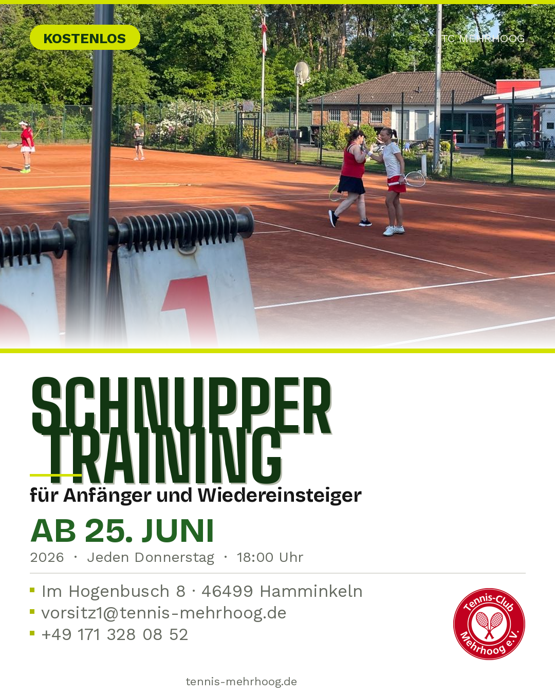 Kostenfreies Schnuppertraining für Anfänger und Wiedereinsteiger – ab 25. Juni 2026, jeden Donnerstag ab 18 Uhr, TC Mehrhoog