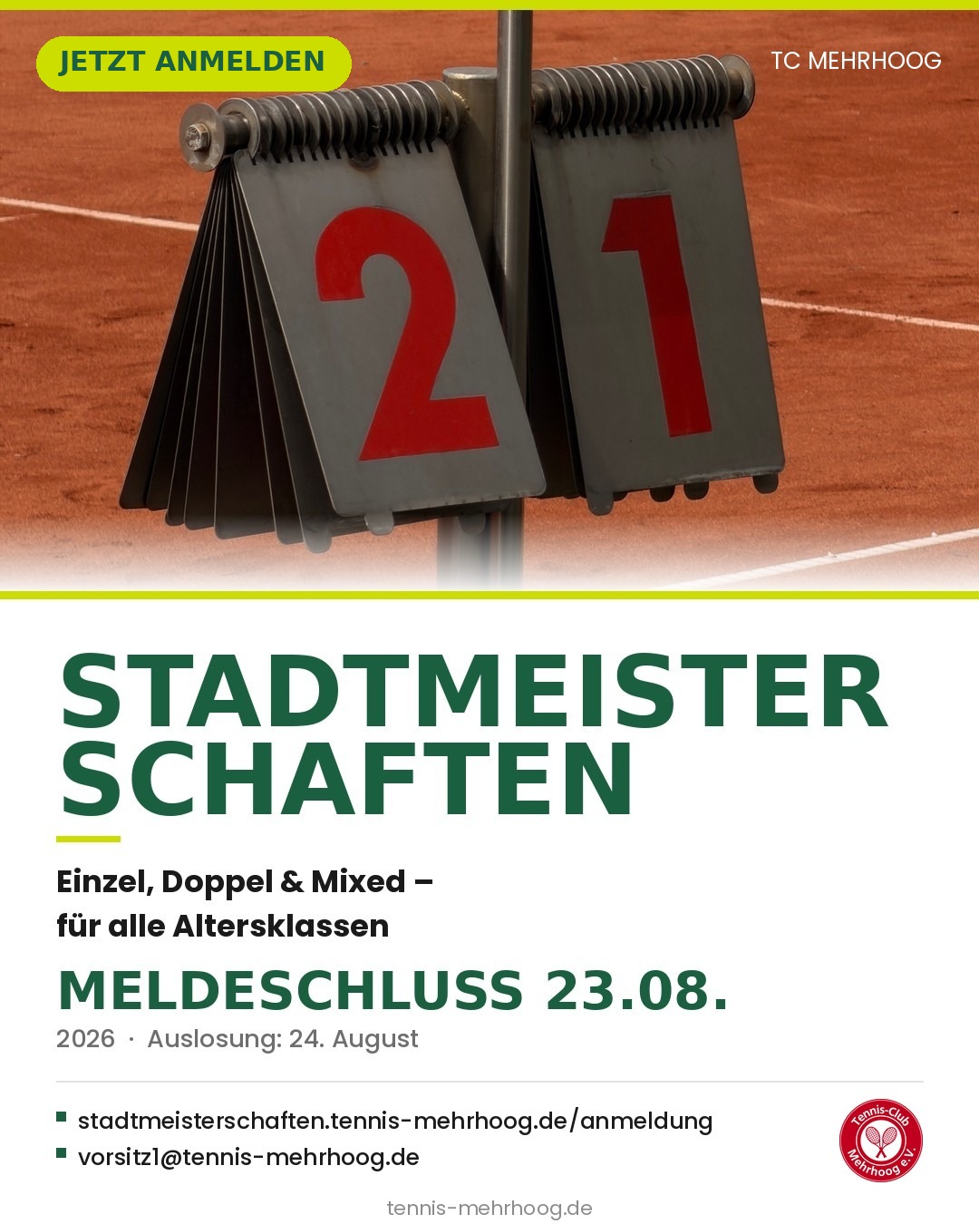 Stadtmeisterschaften Hamminkeln 2026 – Einzel, Doppel & Mixed für alle Altersklassen, Meldeschluss 23.08.2026, Auslosung 24.08.2026